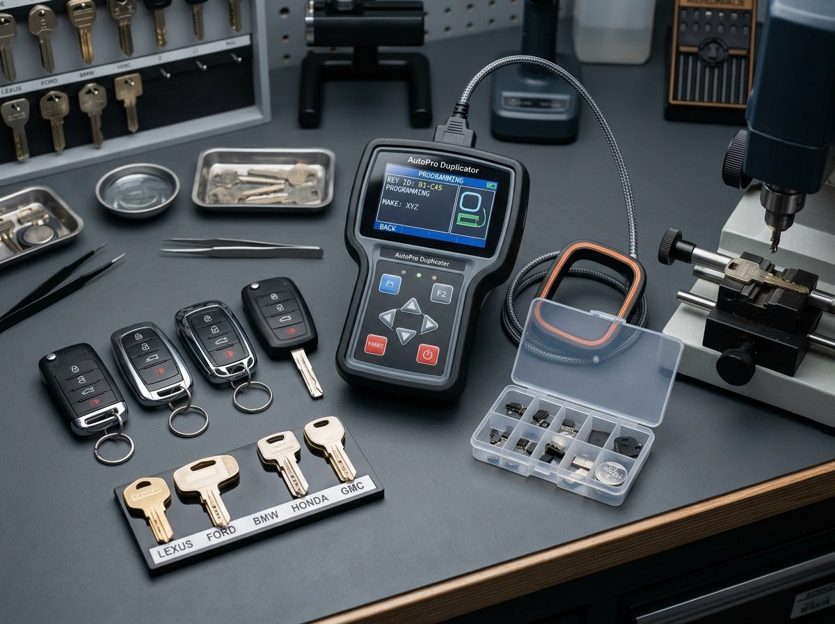 Automotive key cutting and key fob programming workspace