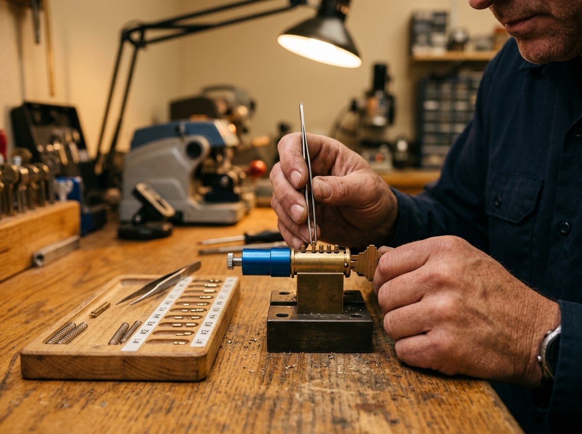 Locksmith rekeying cylinder with precision tools in Somerville